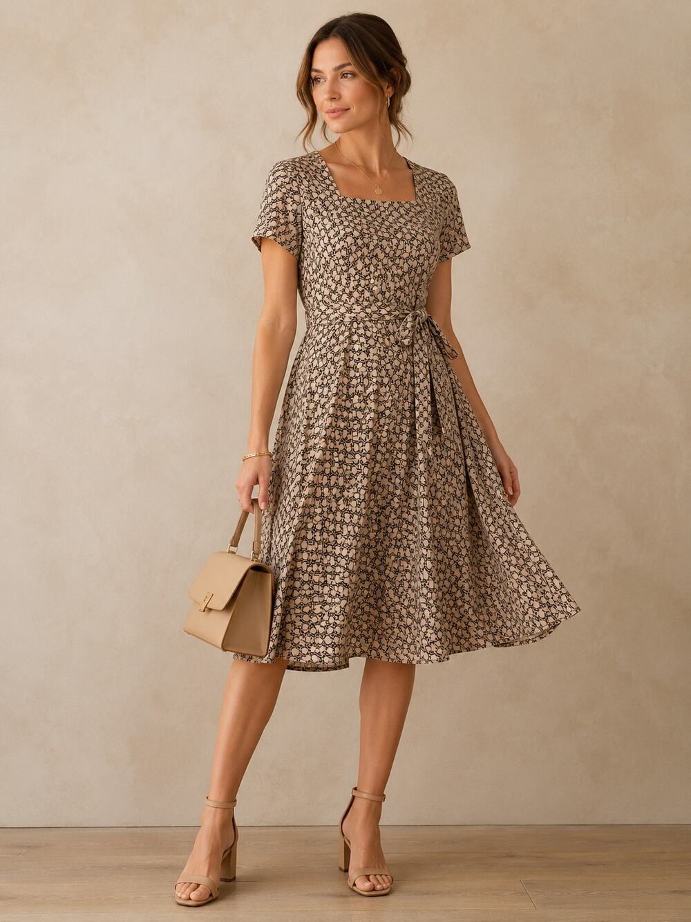 Tan Geometric Print Dress L XL Short Sleeve Tie Waist Midi Dress A Line